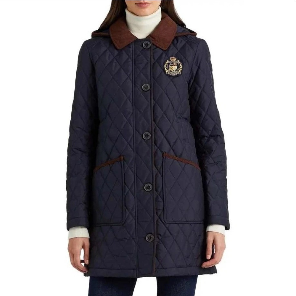 Lauren‎ Ralph Lauren Quilted Barn Jacket Navy Blue Crest Hooded Coat Size 1X
